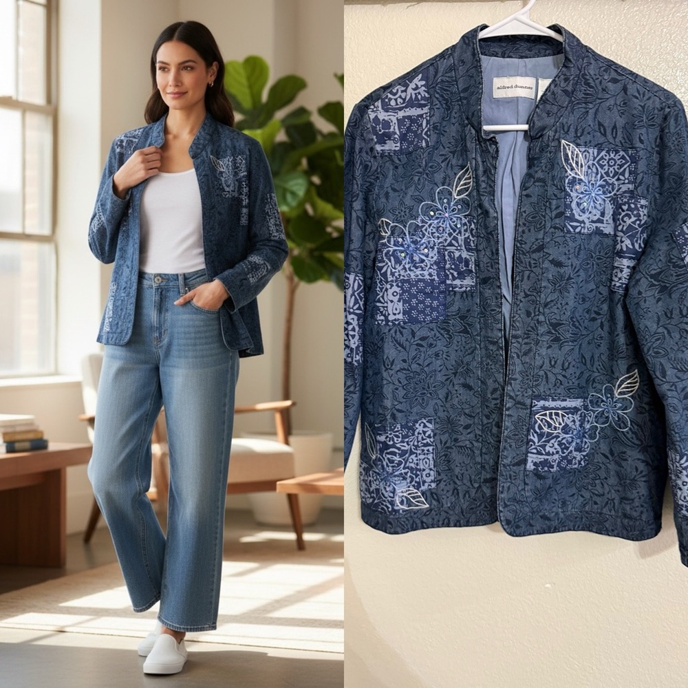 Alfred Dunner Blue Patchwork Embroidered Jacket W… - image 1